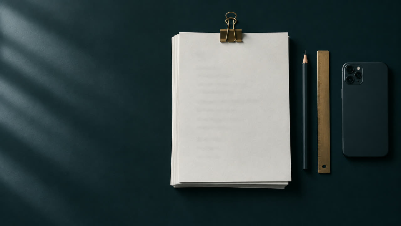 An overhead view of a dark work table with a stack of paper, a pencil and a brass ruler.