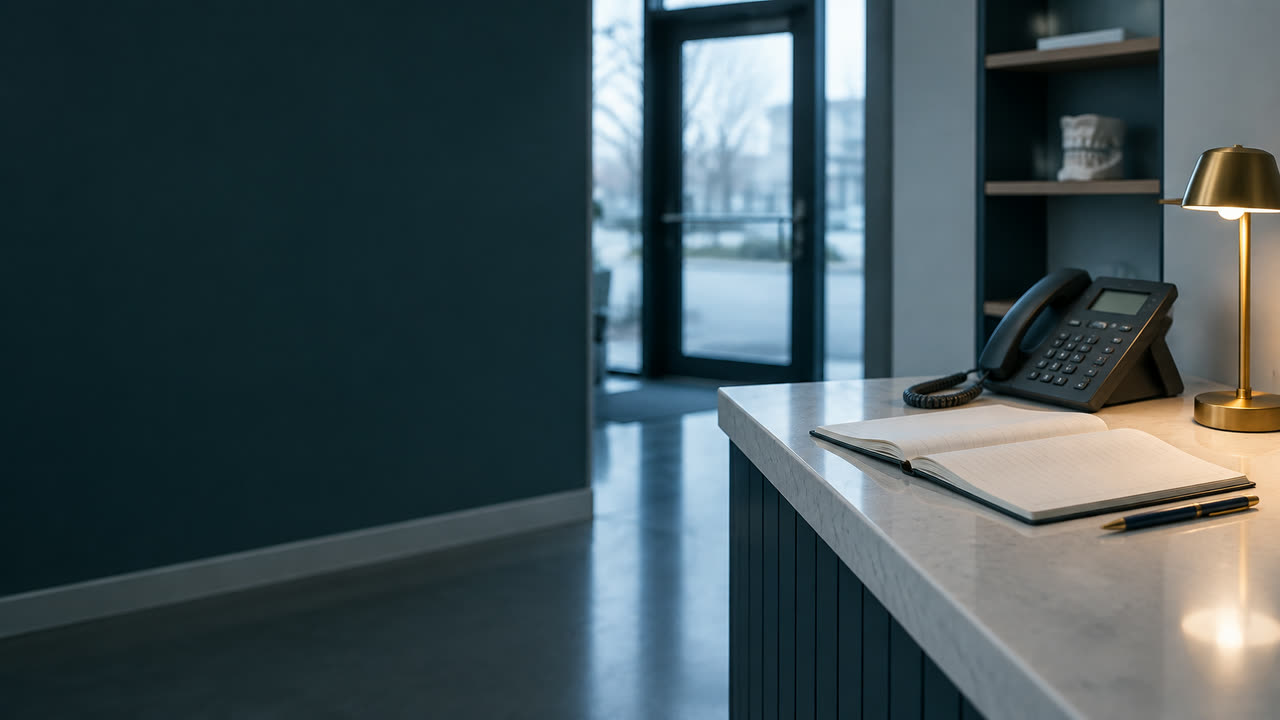 A dental practice front desk before opening, with a telephone and an appointment book.